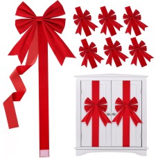 6 Pieces Large Velvety Red Christmas Cabinet Bows, Christma Red Ribbon Easy to Install on Cabinet Door for Kitchen Christma Decoration Holiday Cabinet Bows Christmas Party Supplies