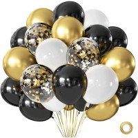 Black Gold White Balloons Set, Include 50pcs12inch Matte White Black Metallic Gold Confetti Latex Balloons with Gold Ribbons for Birthday Graduation New Years Retirement Party Decorations