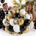 Black Gold White Balloons Set, Include 50pcs12inch Matte White Black Metallic Gold Confetti Latex Balloons with Gold Ribbons for Birthday Graduation New Years Retirement Party Decorations
