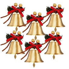 Christmas Gold Bells, 12pcs 2.4inch Metal Gold Jingle Bells with Red Bow and Berry Tree Hanging Ornament, Xmas Ornament Ringbell for Christmas Tree Pendant Holiday Decoration