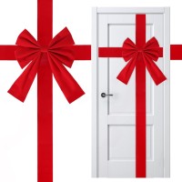1 Pieces Red Christmas Cabinet Door Bows Ribbon, Large Velvety Christma Bows Red Ribbon Easy to Install on Door Kitchen and Room for Christma Decoration Holiday Cabinet Bows Christmas Party Supplies