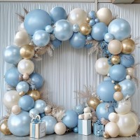 Dusty Blue Beige Gold Balloons Arch Kit, Double Stuffed Pastel Light Blue Pearl White Sand Chrome Gold Balloons for Elegant Weddings Birthdays Bridal Decoration