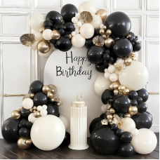 Black Gold Balloon Arch Kit, Double Stuffed 129 Pcs Black and Gold Balloons Garland with Chrome Gold Pearl White and Black Balloons for Wedding Birthday Company Event New Year's party Party Decoration
